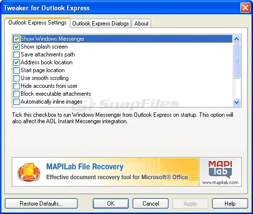 Tweaker for Outlook Express Скриншот 1