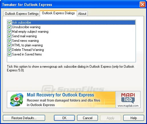 Tweaker for Outlook Express Скриншот 2