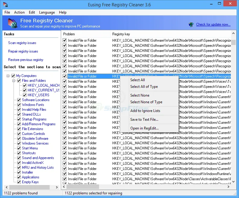 Eusing Free Registry Cleaner Скриншот 1