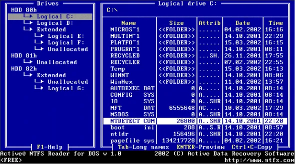 Active NTFS Reader for DOS Скриншот 1