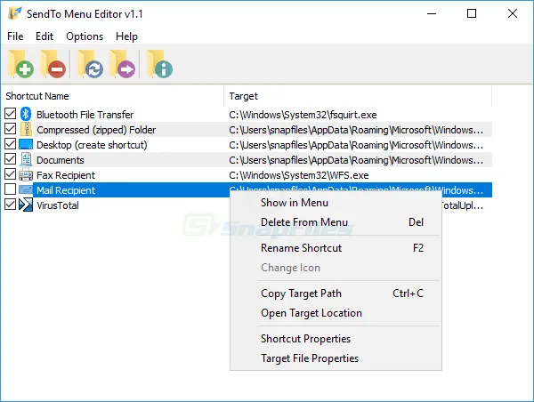 SendTo Menu Editor Скриншот 1